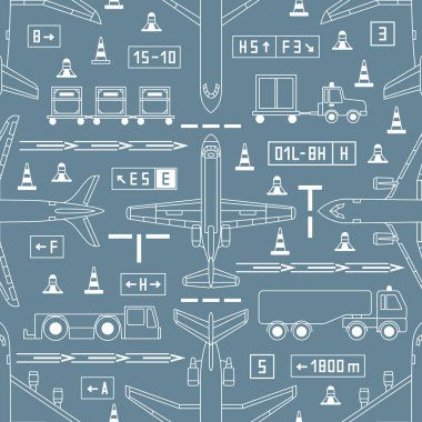 Gri zemin üzerinde uçaklar ve havaalanı araçları olan kusursuz uçuş vektör deseni. Grafik tasarımı, tekstil tasarımı veya web tasarımı için kullanılabilir.