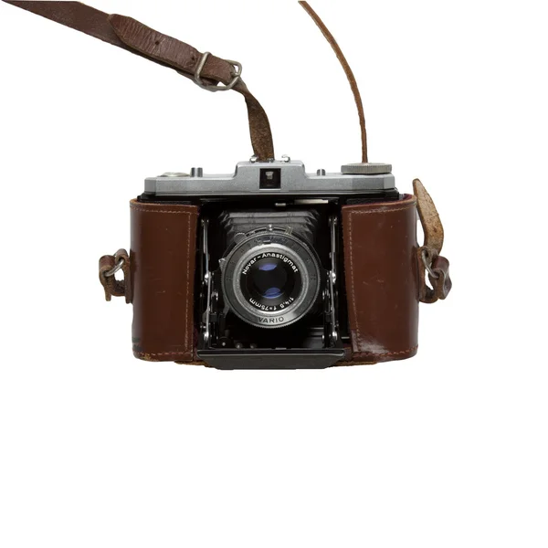 Oude camera met hoesje hangend — Stock Photo, Image