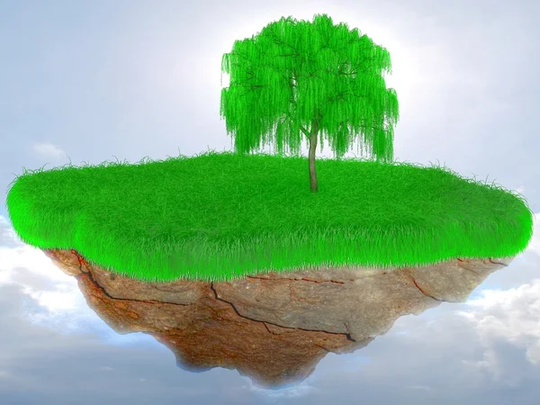 Little flying grass island with a tree. — Stock Photo, Image