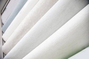 Dükkanda farklı renkli rulo duvar kağıdı örnekleri, sıra pazarda seçim