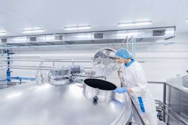 Bira fabrikası, kadın mühendis çelik tankın sıcaklığını otla kontrol ediyor. Endüstriyel gıda işçisi kavramı