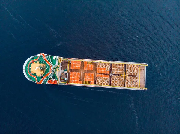 Offshore supply boat sea support ship oil industry during. Aerial top view.