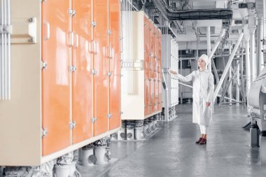 Operatör buğday ve tahıllardan, endüstriyel otomatikman modern değirmenlerden un ayıklamak için titreşim makinesinin çalışmasını kontrol ediyor.