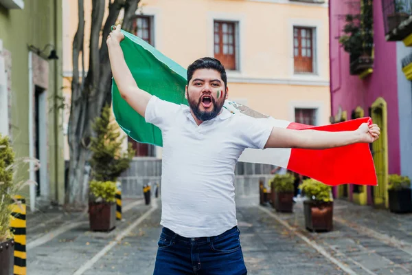 Young Mexican Man Holding Happy Proud Flag His Country Street — Stock Photo, Image