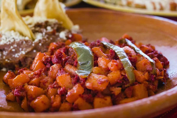 Papas Chorizo Potatoes Chorizo Refried Beans Mexican Food Mexico City — Stock Photo, Image