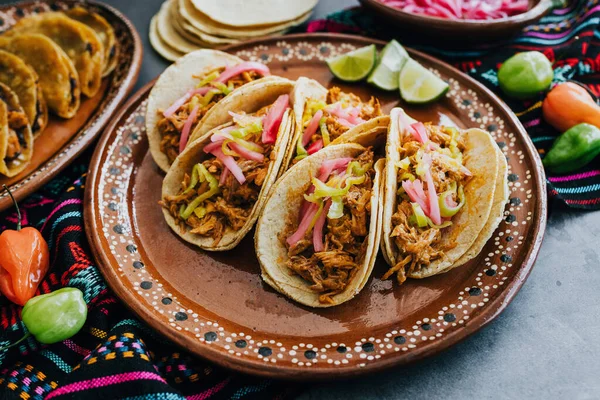 Mexican Cochinita Pibil Tacos Habanero Sauce Традиційна Їжа Юкатані Мексика — стокове фото