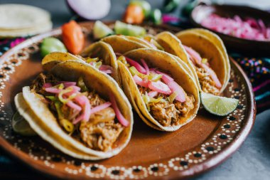 Cochinita Pibil Meksika tacoları, Yucatan Meksika 'dan Maya mutfağı.