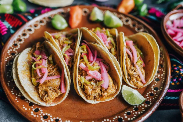 メキシコのタコスフラットは メキシコの豚肉カルニータ コチニータ ピビル 玉ねぎ ハバネロチリ伝統料理と構成されています — ストック写真