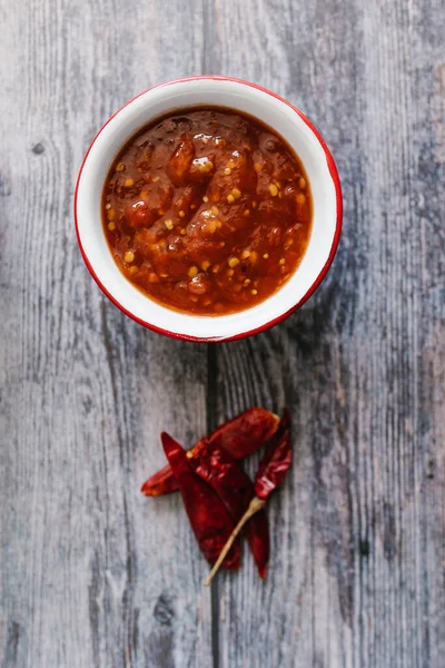 Meksykański Sos Czerwony Pomidora Chile Arbol Tradycyjne Jedzenie Meksyku — Zdjęcie stockowe