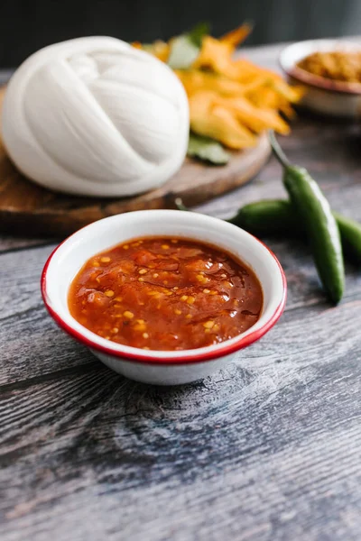 Traditional Mexican Red Sauce White Bowl Mexican Restaurant — Stock Photo, Image