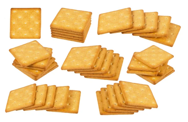 Set Van Heerlijke Vierkante Crackers Geïsoleerd Witte Achtergrond — Stockfoto