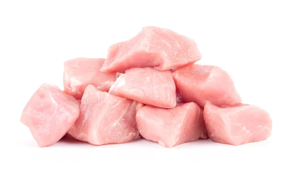 Schweinefleisch Entkocht Gehackte Würfel Nahaufnahme Isoliert Auf Weißem Hintergrund — Stockfoto