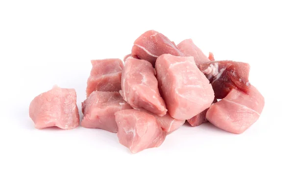 Schweinefleisch Entkocht Gehackte Würfel Nahaufnahme Isoliert Auf Weißem Hintergrund — Stockfoto