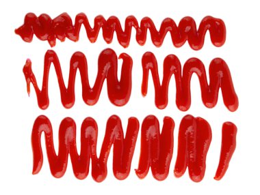 Beyaz arkaplanda izole edilmiş kırmızı ketçap domates sosu koleksiyonu.