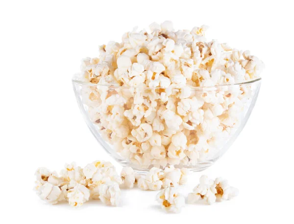 Transparente Glasschale Mit Popcorn Isoliert Auf Weißem Hintergrund — Stockfoto