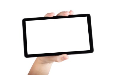 Beyaz arkaplanda izole edilmiş dijital tablet üzerindeki el ele tutuşmalar ve noktalar