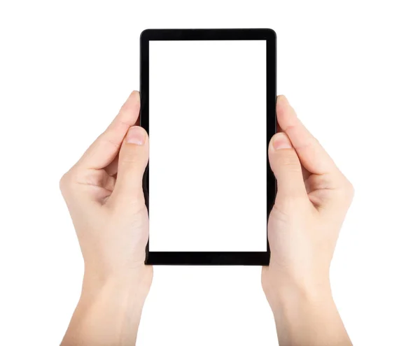 Händerna Håller Och Punkt Digital Tablett Isolerad Vit Bakgrund Närbild — Stockfoto