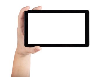 Beyaz arkaplanda izole edilmiş dijital tablet üzerindeki el ele tutuşmalar ve noktalar