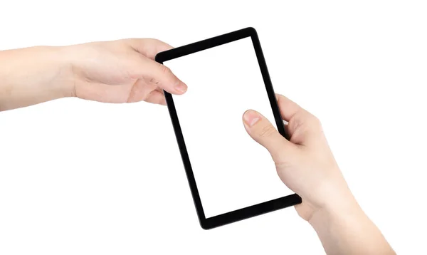 Händerna Håller Och Punkt Digital Tablett Isolerad Vit Bakgrund Närbild — Stockfoto