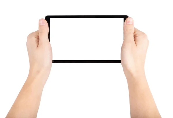 Händerna Håller Och Punkt Digital Tablett Isolerad Vit Bakgrund Närbild Royaltyfria Stockbilder