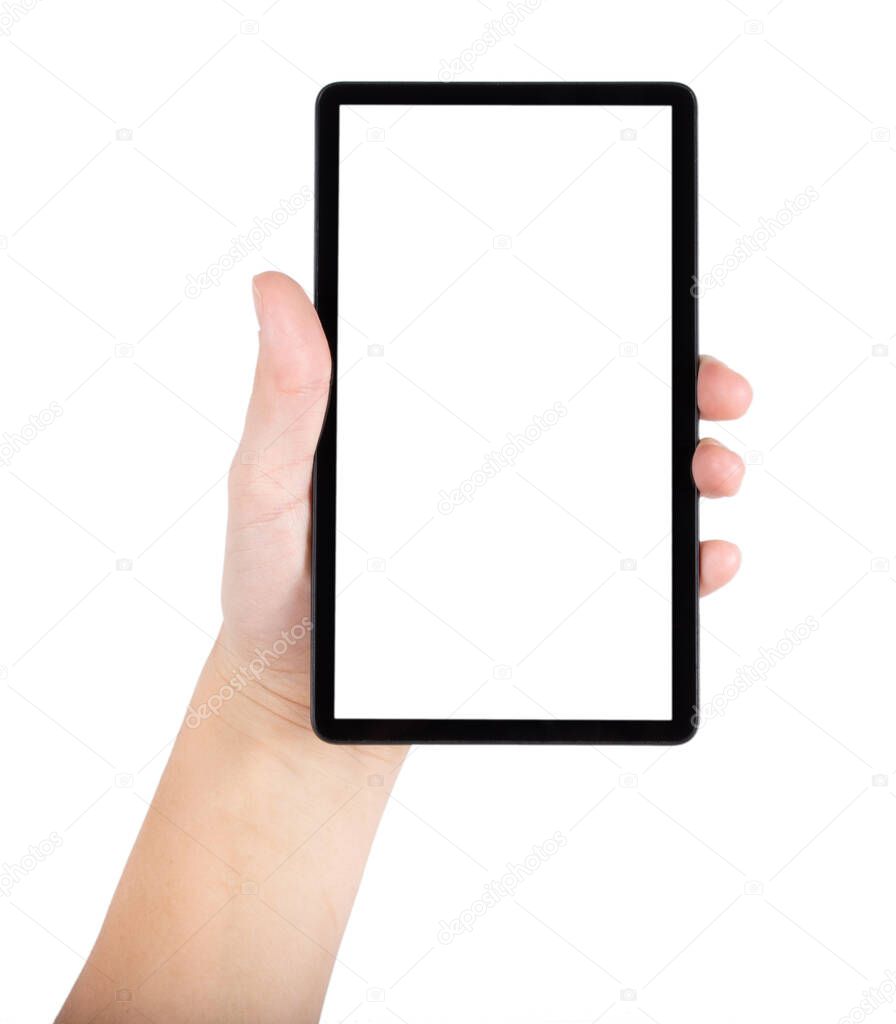 Hands holding and point on digital tablet isolated in white background close up