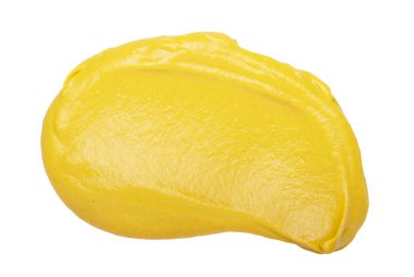 Beyaz arkaplanda izole edilmiş sarı hardal sosu, üst görünüm