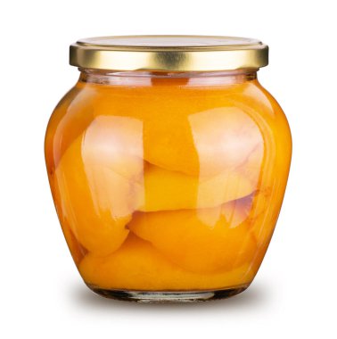 Kayısı kavanozu camı kırpma yolu olan beyaz arkaplanda izole edilmiş..