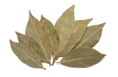 Körfez yaprakları beyaz arkaplanda izole edilmiş. Yakın plan.