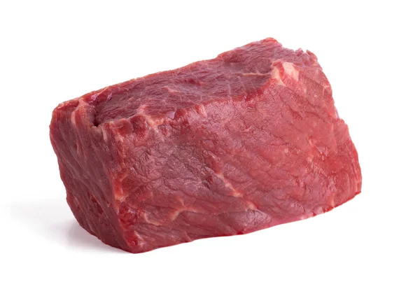 Bife de carne crua única para isolado em fundo branco, vista superior de perto — Fotografia de Stock