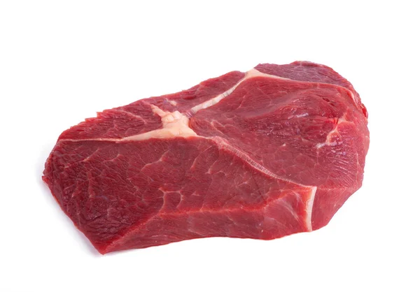 Bife de carne crua única para isolado em fundo branco, vista superior de perto — Fotografia de Stock