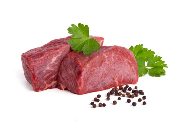 Rohes Rindfleisch Mit Grüner Petersilie Und Schwarzem Pfeffer Isoliert Auf — Stockfoto