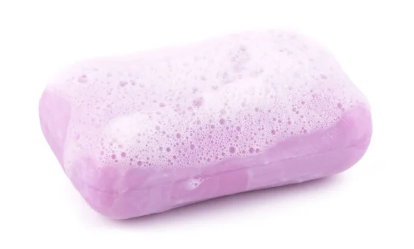 粉红肥皂泡在白色背景上闭锁 — 图库照片