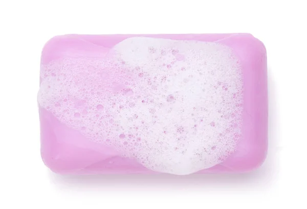 粉红肥皂泡在白色背景上闭锁 — 图库照片