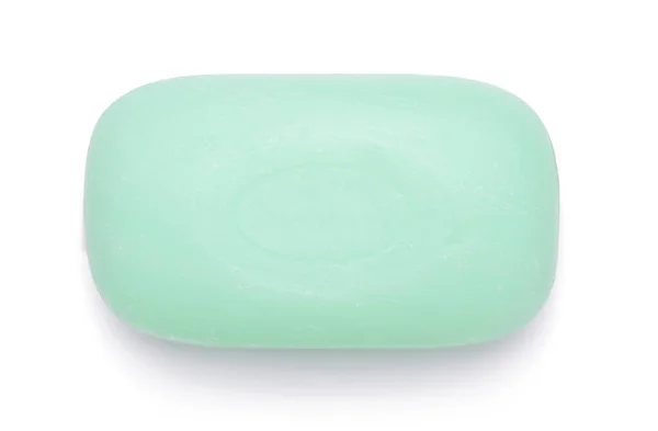 Vista superior de higiene verde sabão higiênico isolado no fundo branco de perto — Fotografia de Stock