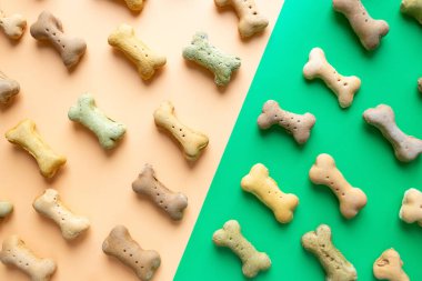 Yeşil duvar kağıdı arka planında küçük renkli köpek kemiği deseni.