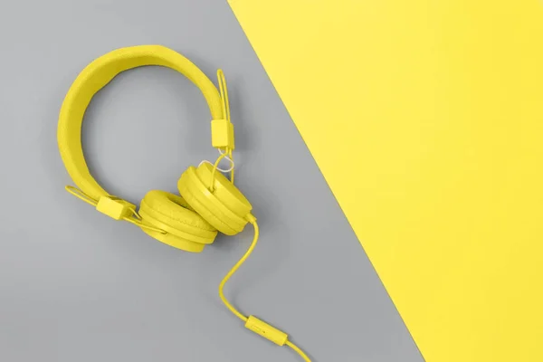 Yellow Headphones Trendy Yellow Gray Background Music Concept — Stock Photo, Image