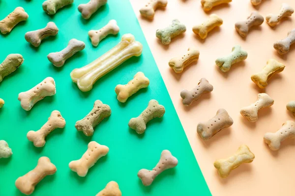 Yeşil duvar kağıdı arka planında küçük renkli köpek kemiği deseni.