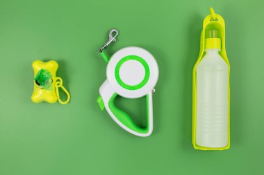 Köpeğinizi gezdirmek için bir takım aksesuarlar: tasma, su şişesi, yeşil arka planda köpek temizleme torbaları. Hayvan bakımı ve hayvan sahipleri için eğitim.