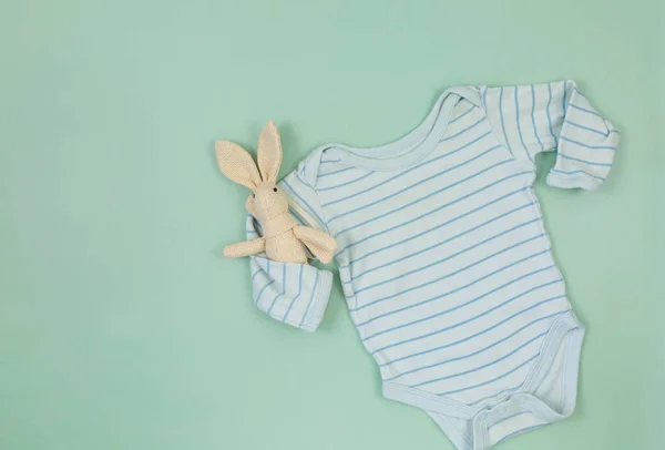 Bodysuit För Baby Och Naturliga Leksaker Pastell Mint Bakgrund Eco — Stockfoto