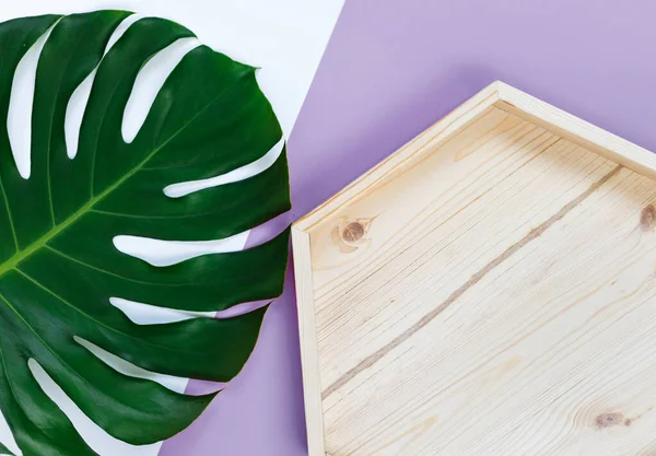 Tropisches Grünes Palmenblatt Und Leeres Holztablett Auf Rosa Grünem Hintergrund — Stockfoto