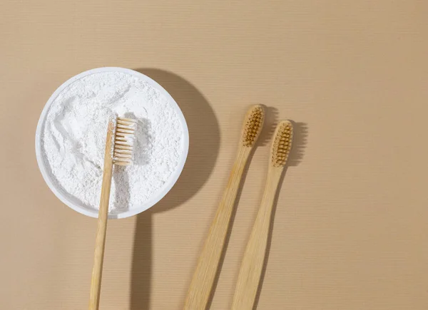 Set Eco Friendly Bamboo Toothbrushes White Tooth Powder Beige Pastel — Stock Photo, Image