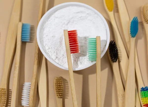 Set Multicolored Eco Friendly Bamboo Toothbrushes White Tooth Powder Beige — Stock Photo, Image