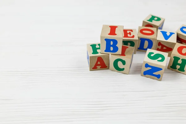 Wooden Blocks Spell Out Abc Wooden Table Games Tools Kids — Stock Photo, Image