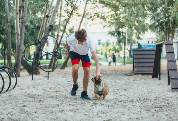 Pojkägaren Till Fransk Bulldogg Tränar Hunden Parken Hundträning Med Tonåring — Stockfoto