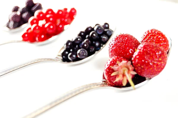 Moras, fresas, cerezas y grosellas rojas en cuchara aislada — Foto de Stock