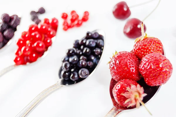 Arándanos, moras y grosellas rojas en cuchara aislada — Foto de Stock