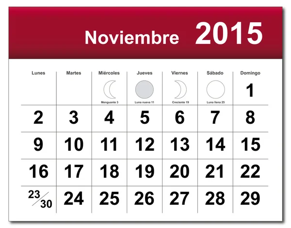 Wersja hiszpańska listopada 2015 kalendarz — Wektor stockowy
