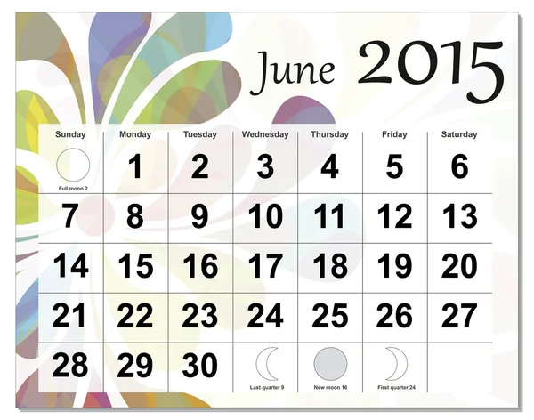 Juni 2015 kalender — Stockvector