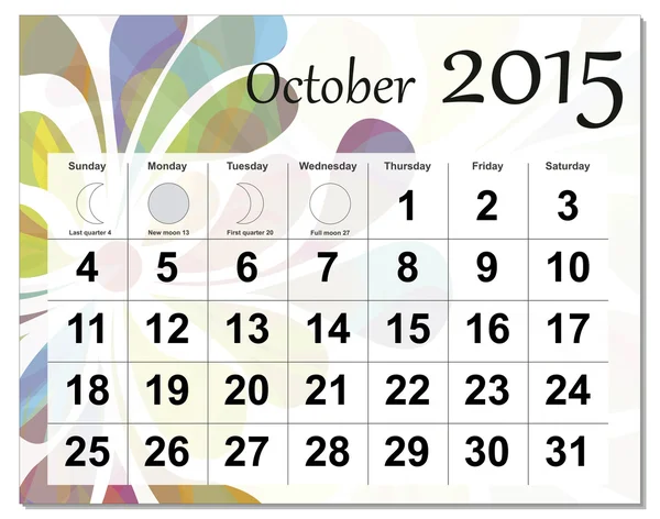 Oktober 2015 kalender — Stock vektor