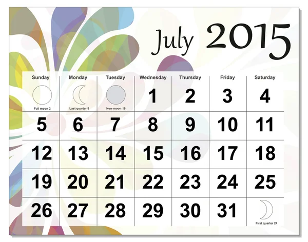 Julio 2015 Calendario — Archivo Imágenes Vectoriales